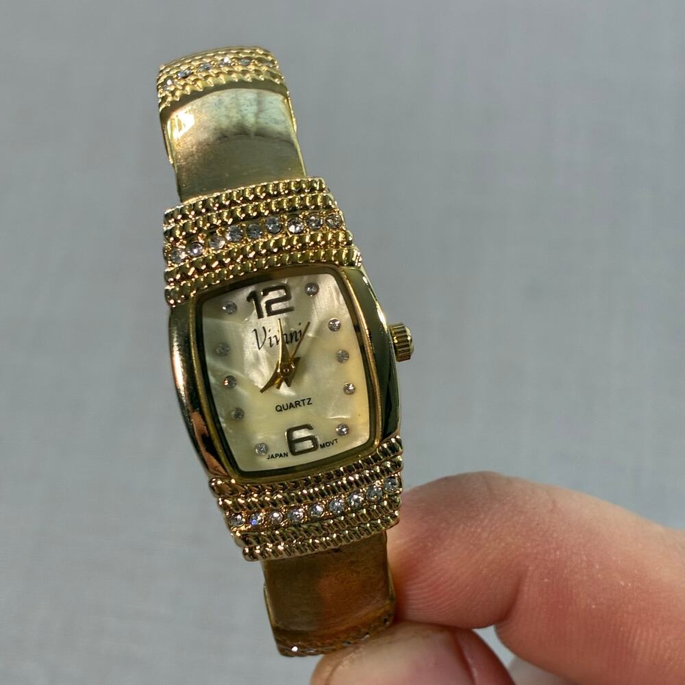 Vivani Gold Tone Cuff Bracelet Watch Quartz Mother of Pearl Dial Rhinestones